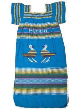 VINTAGE BLUE KNIT MERIDA MEXICAN HUIPIL DRESS TUNIC WOMENS M 39"x46"